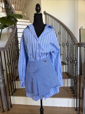 NWT Maje Striped Blue Cotton Shirt Dress (Skirt is detachable) Size 40